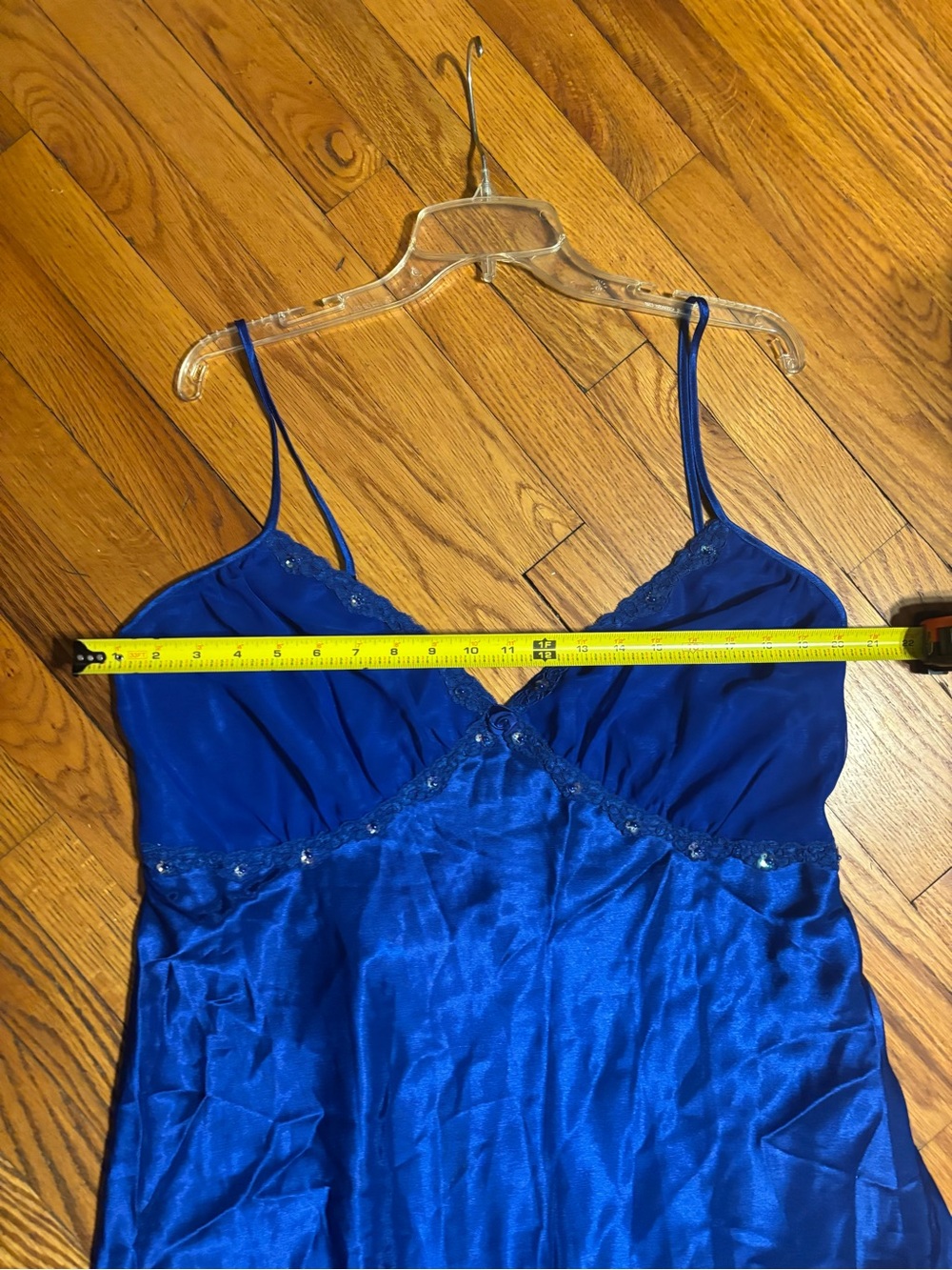 Vintage Blue Satin Slip Nightgown with beaded lace trim - Picture 10 of 10